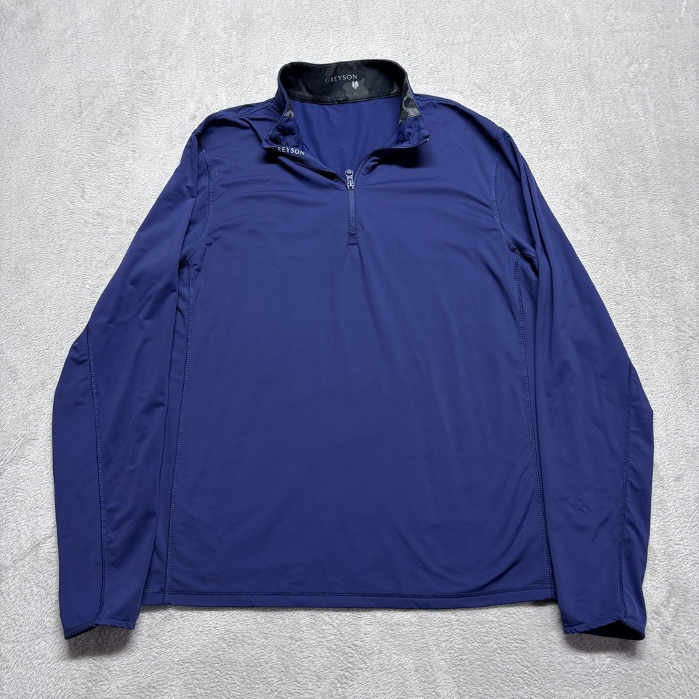Greyson Performance Pullover Mens L 1/4 Quarter Zip Navy Blue Camo Trim